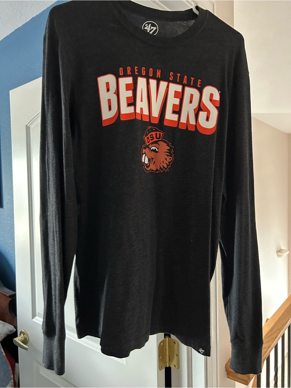 47 Women’s Black Heather Crew Neck Shirt with Orange Accent